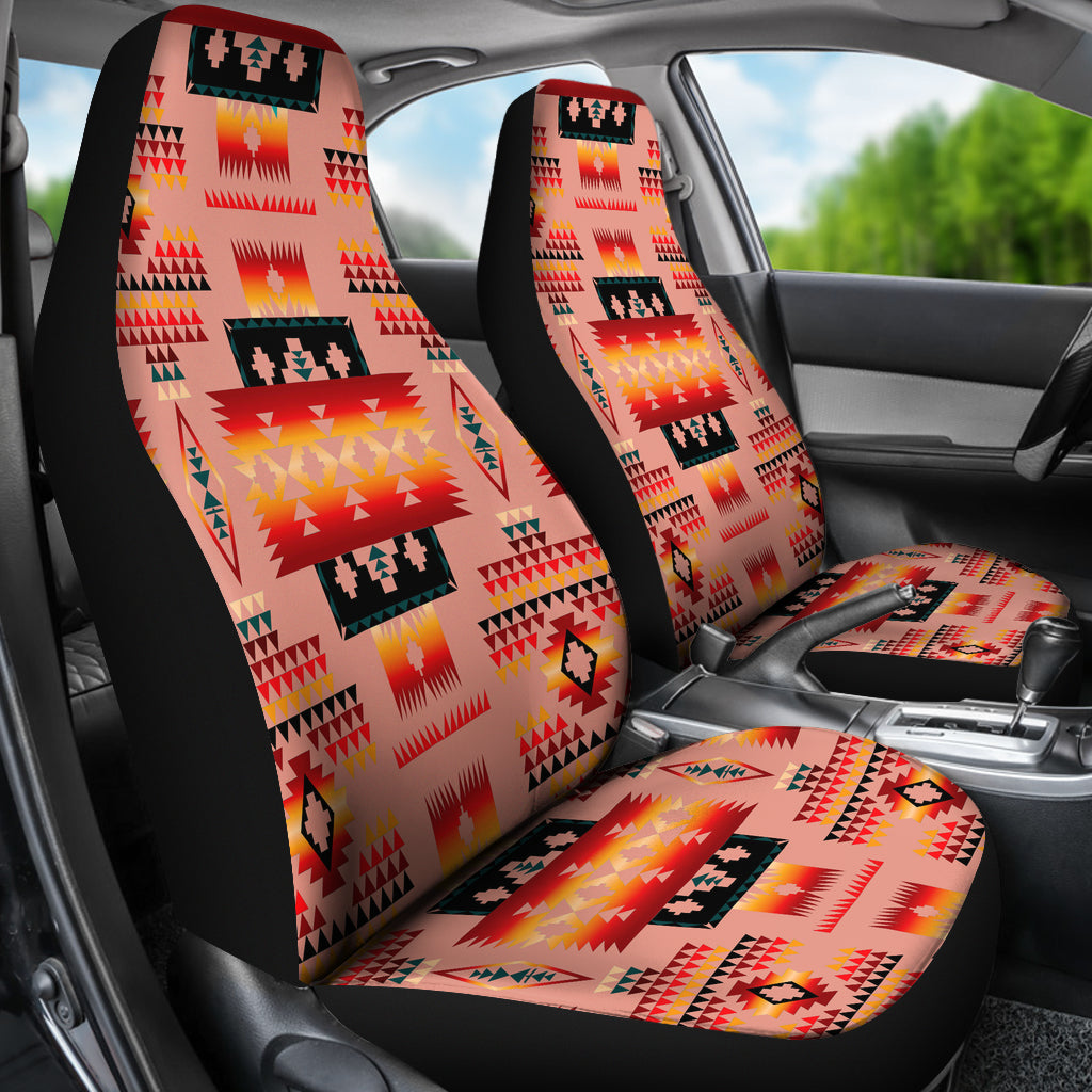 Colorful Native American pattern car seat covers with black edges on front seats