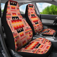 Colorful Native American pattern car seat covers with black edges on front seats