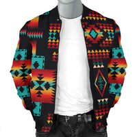 Black bomber jacket with bold Native tribal multicolor print, standing collar and zip