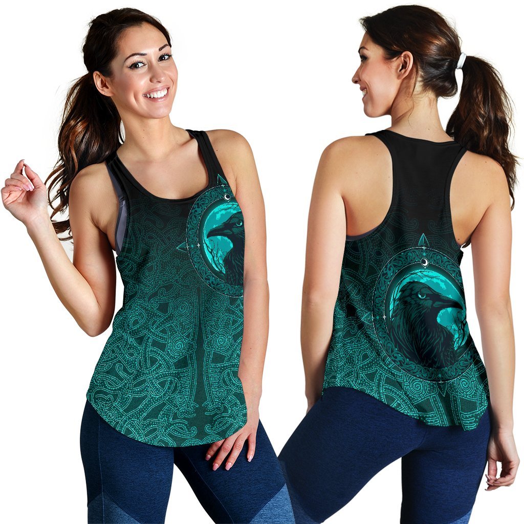 Viking Women's Racerback Tank, Ethnic Odin Raven Cyan RLT12 - Wonder Print Shop