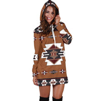 Hoodie dress with hood up and Native emblem graphic, multicolor geometric print, long sleeves