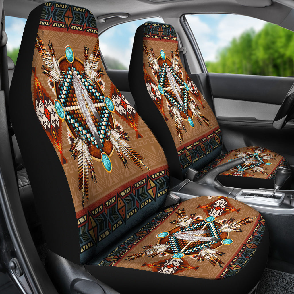 LT10 car seat cover with central bird-style motif and teal accents, multicolor