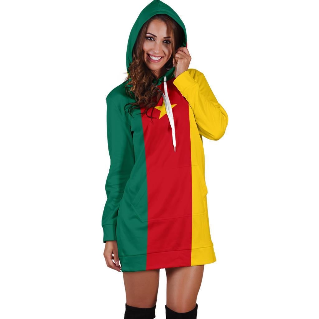 Cameroon flag hoodie dress with hood up, red center stripe, yellow side panels, white drawcord