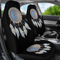 Car seat covers with multicolor dreamcatcher mandala on front seat back and cushion