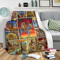 Native American jigsaw blanket with vivid central scene and multicolor panels