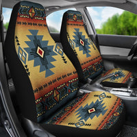 Blue pattern seat covers in car: two backrests and bottom cushion with geometric design