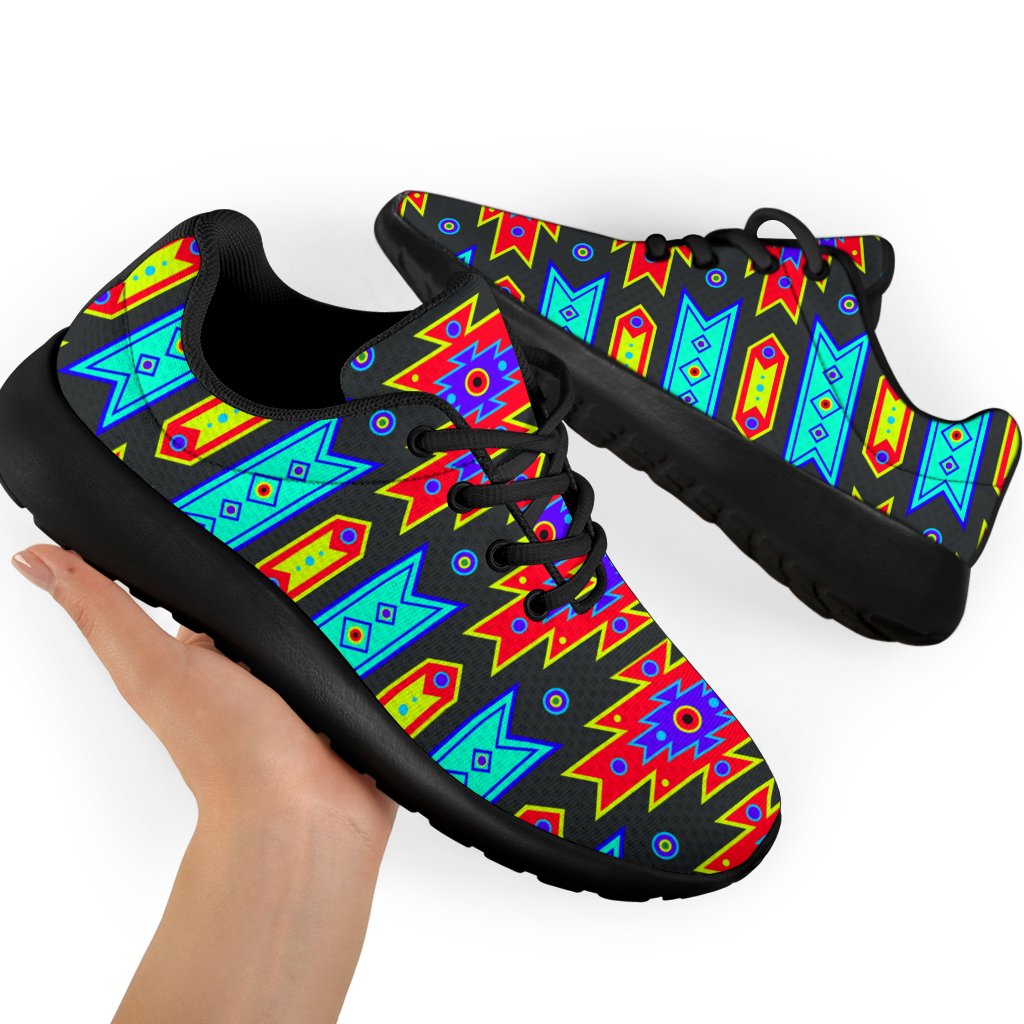 Pair of Native pattern sport sneakers in multicolor with black outsoles and laces