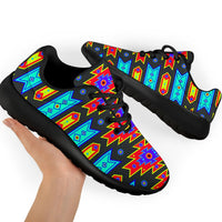 Pair of Native pattern sport sneakers in multicolor with black outsoles and laces