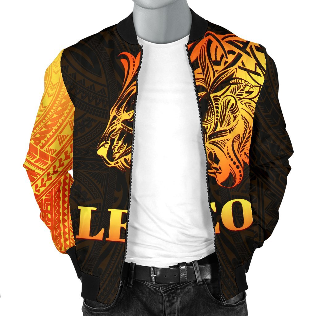 Orange and black zip-front bomber jacket with Leo graphic panel and ribbed cuffs.