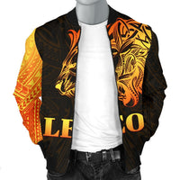 Orange and black zip-front bomber jacket with Leo graphic panel and ribbed cuffs.