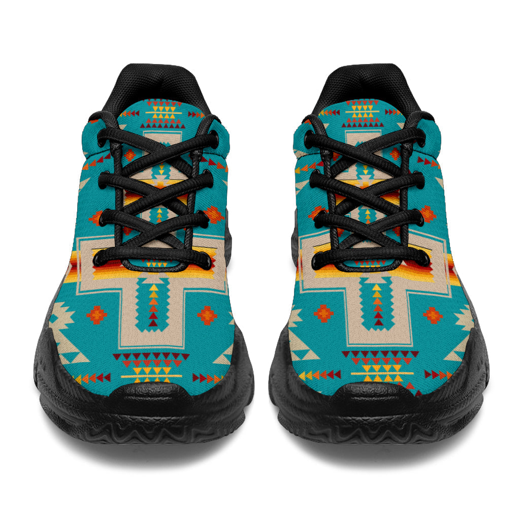 Turquoise native geometric sneakers, crossed black laces, black heel cap, cushioned sole