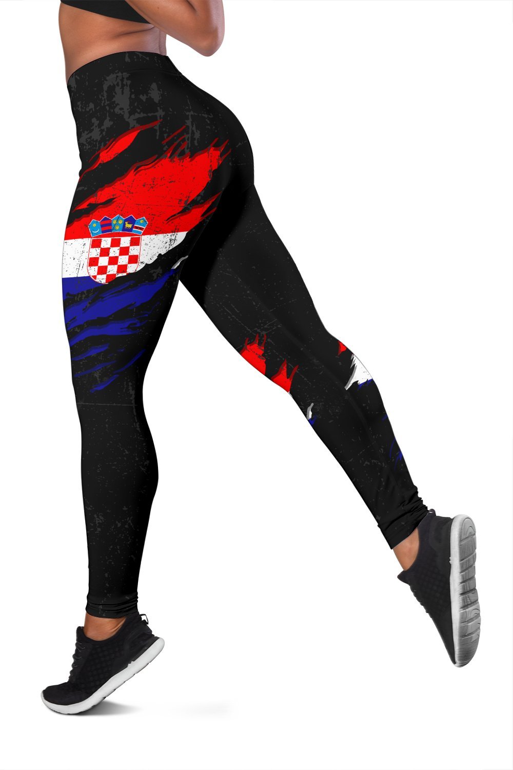 Black leggings with grungy Croatia flag print across the thigh and calf