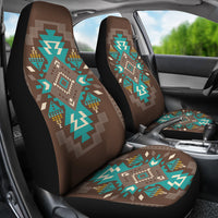 Wonder Print Shop LT10 seat covers: brown base, teal multicolor geometric pattern