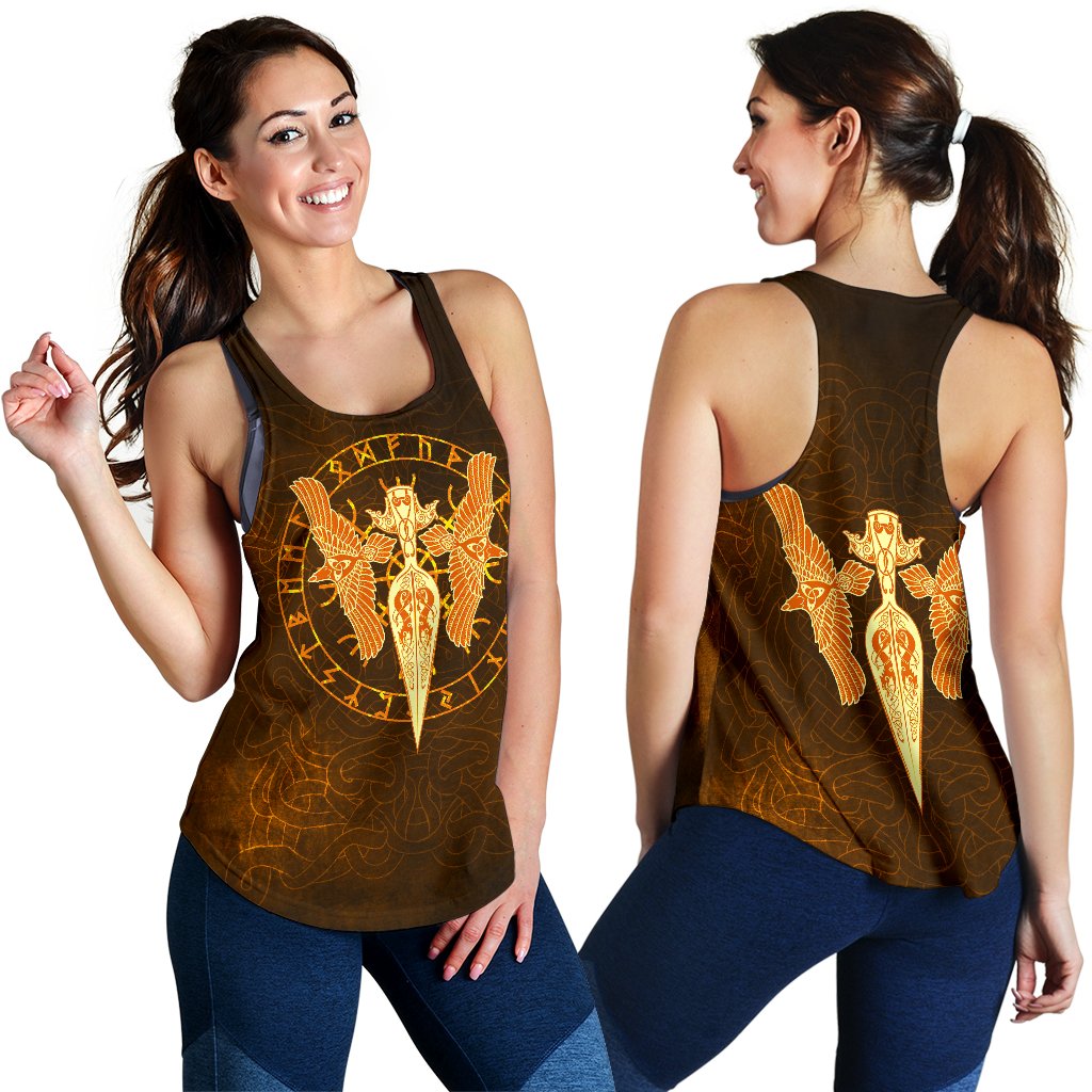 Viking Women's Racerback Tank Gold Spear Of The God Odin - Gungnir and Two Gold Ravens RLT12 - Wonder Print Shop