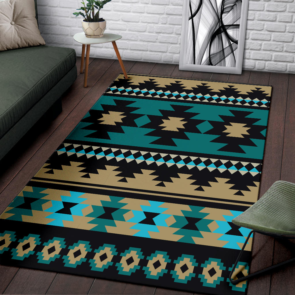 Teal Aztec area rug with tan starburst motifs and black geometric border stripes