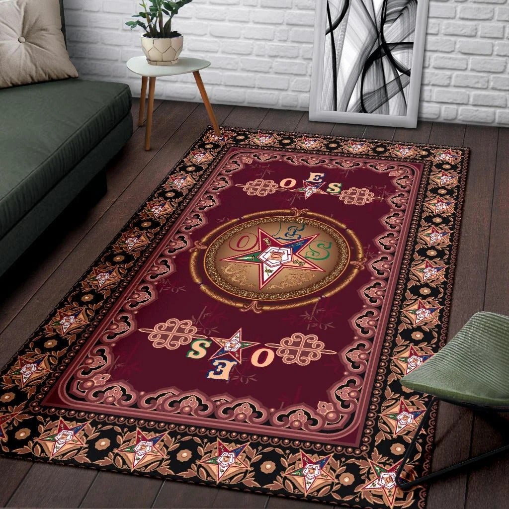 Red burgundy area rug with black border and central OES star shield