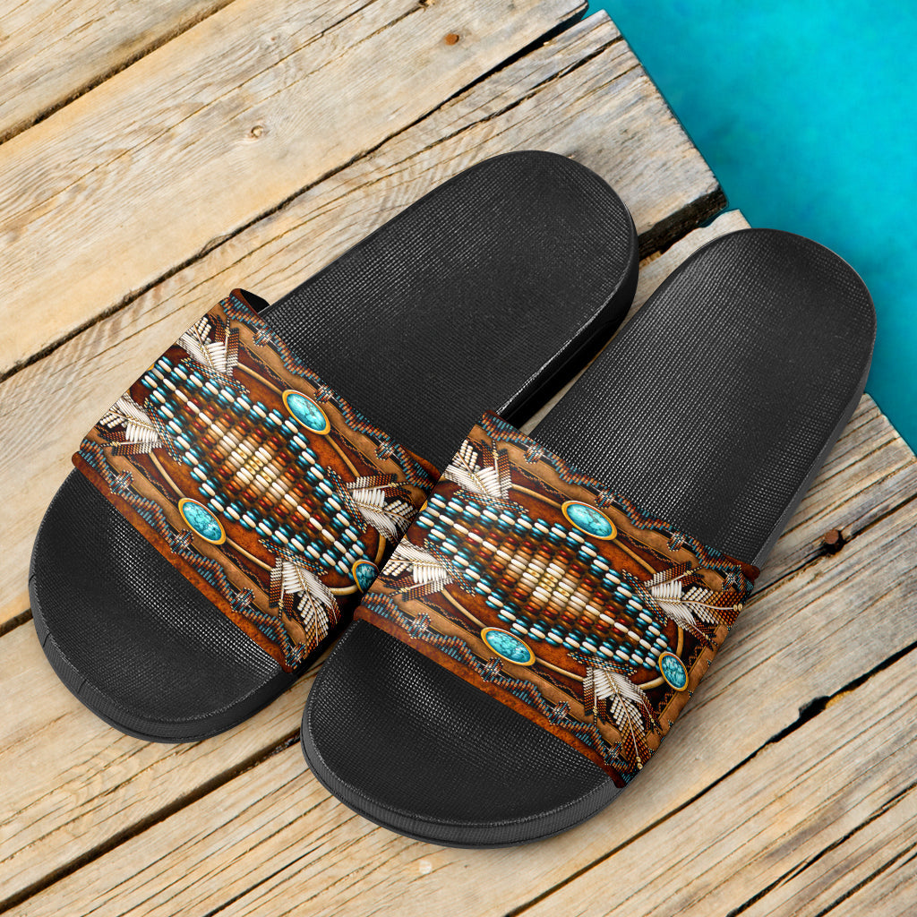 Pair of slide sandals, black footbed with brown multicolor geometric and turquoise oval print