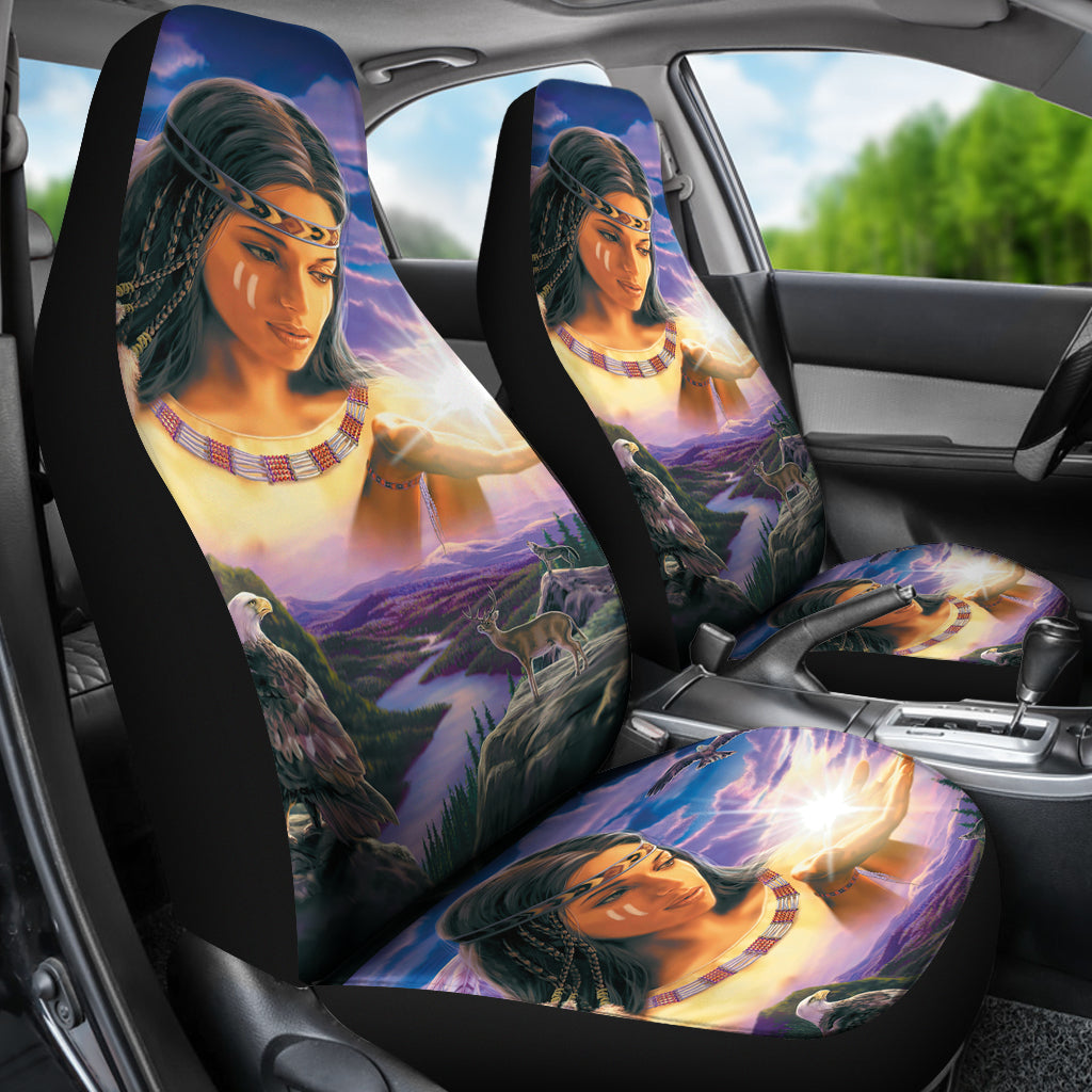 Multicolor front car seat cover set with girl and animals artwork on headrest and cushion