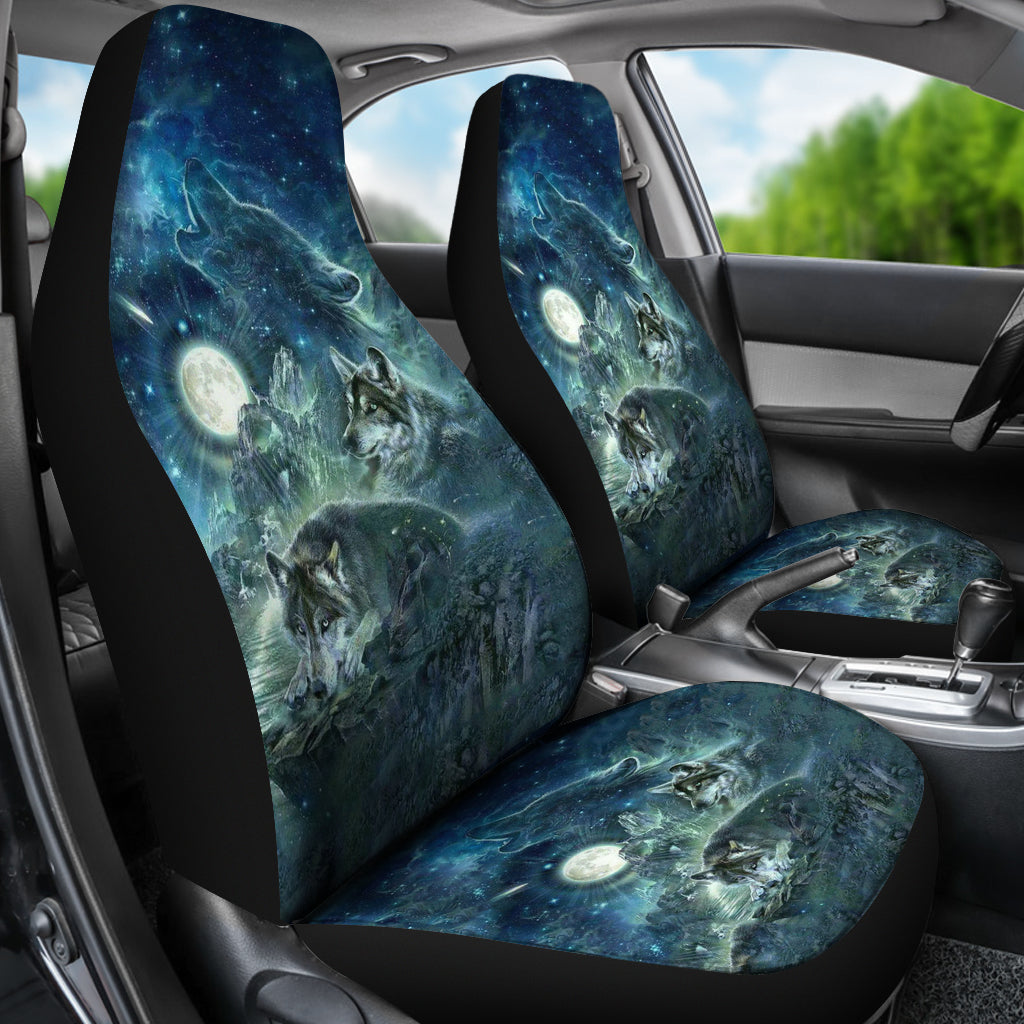 Front car seat covers with galaxy wolf print and glowing moon; matching seat bottom cushion