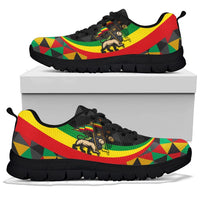 Ethiopia Rasta lion print sneakers with black upper, multicolor geometric accents, black sole