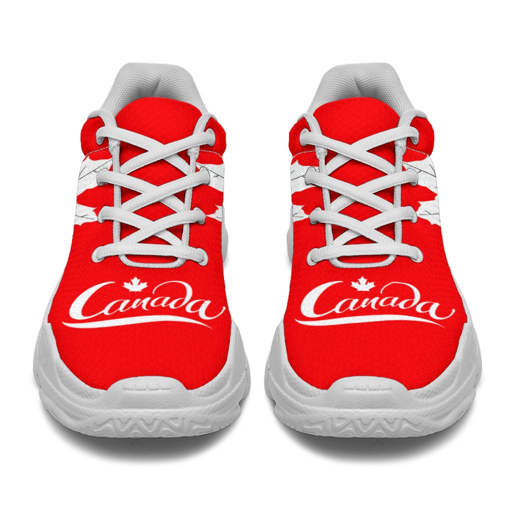 Red chunky sneakers with white maple leaf pattern and white laces, white sole