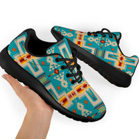 Turquoise tribal sport sneakers, black laces, rubber sole, close-up pair