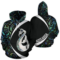 Black pullover hoodie front and back: manaia shell graphic, white circle and AOTEAROA