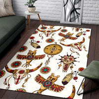 Native American animal motif area rug with owl, bull and sun emblem, white