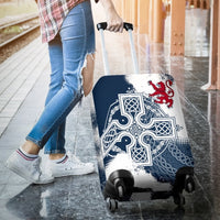 Blue suitcase cover featuring Scottish Celtic cross and red lion, with upright handle