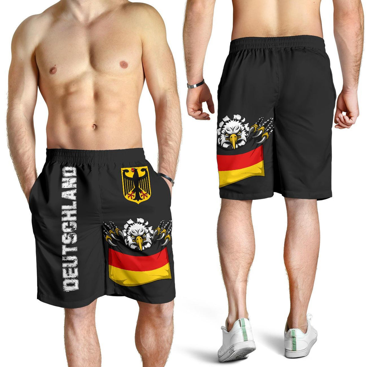 Schwarze Deutschland-Shorts mit Adler-Emblem und Elastikbund