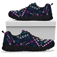 Lace-up navy sneakers with multicolor geometric pattern and black sole