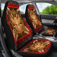 Red eagle mandala seat covers on car front seats with matching seat-pad inserts
