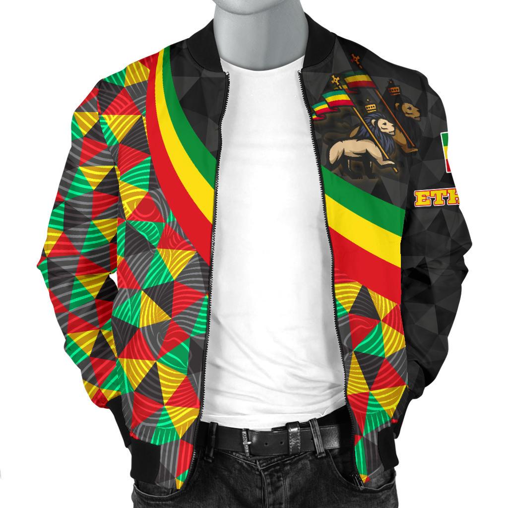 Black bomber jacket 3/4 view, zip-up, Ethiopian rasta lion and color-block pattern.