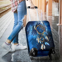 Blue suitcase cover featuring dreamcatcher rings and dangling feather graphics on wheels
