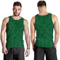 Green men's tank top, front and back side-by-side with ornate Polynesian print