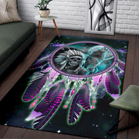 Skull dreamcatcher area rug with teal skull head, purple-green feather web, dream ring