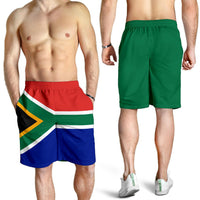 Men's swim shorts: left South Africa flag print, right solid green, elastic waistband