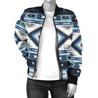 Blue geometric bomber jacket with stand collar, full zipper, and long sleeves