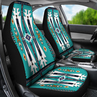LT10 front seat covers with turquoise tribal arrows design, black borders and accents