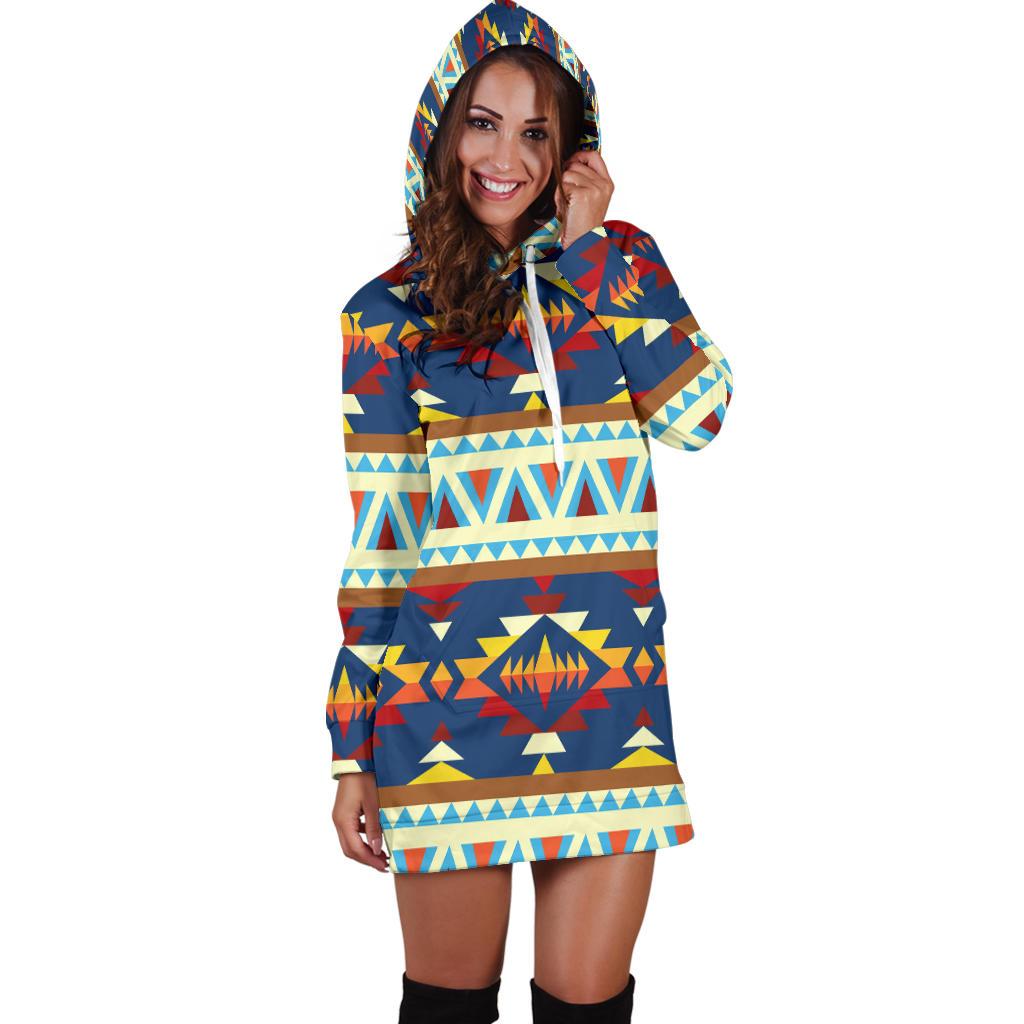 Multicolor geometric hoodie dress with hood and kangaroo pocket