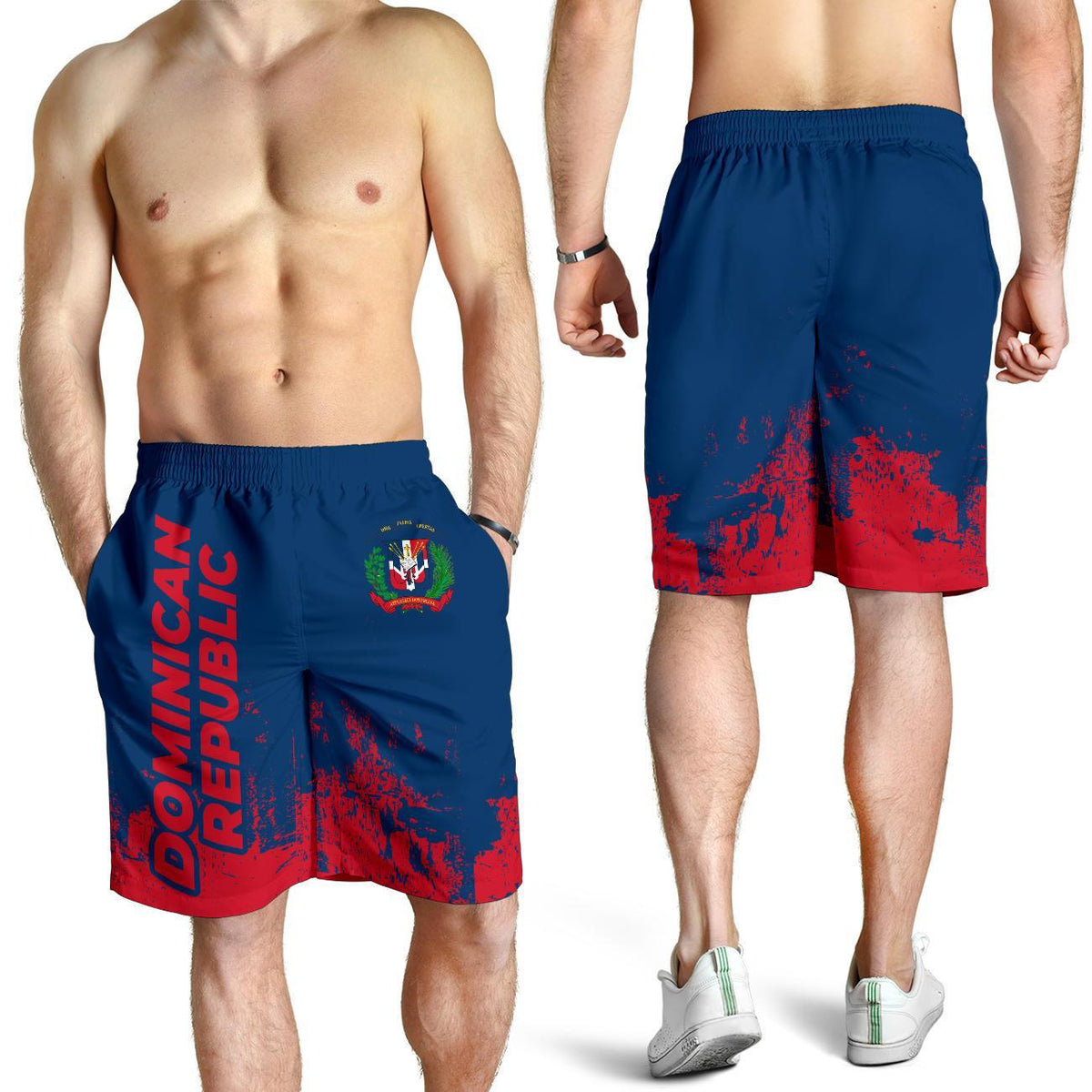 Men’s blue and red smudge-printed shorts with elastic waistband (worn)