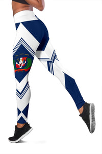 Dominican leggings detail view: navy-and-white chevrons with crest panel on leg