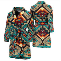 Two colorful patterned bath robes, shawl collars and belts, long sleeves