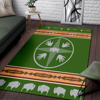 Green Native-style area rug with circular medicine wheel and bison icons, striped border