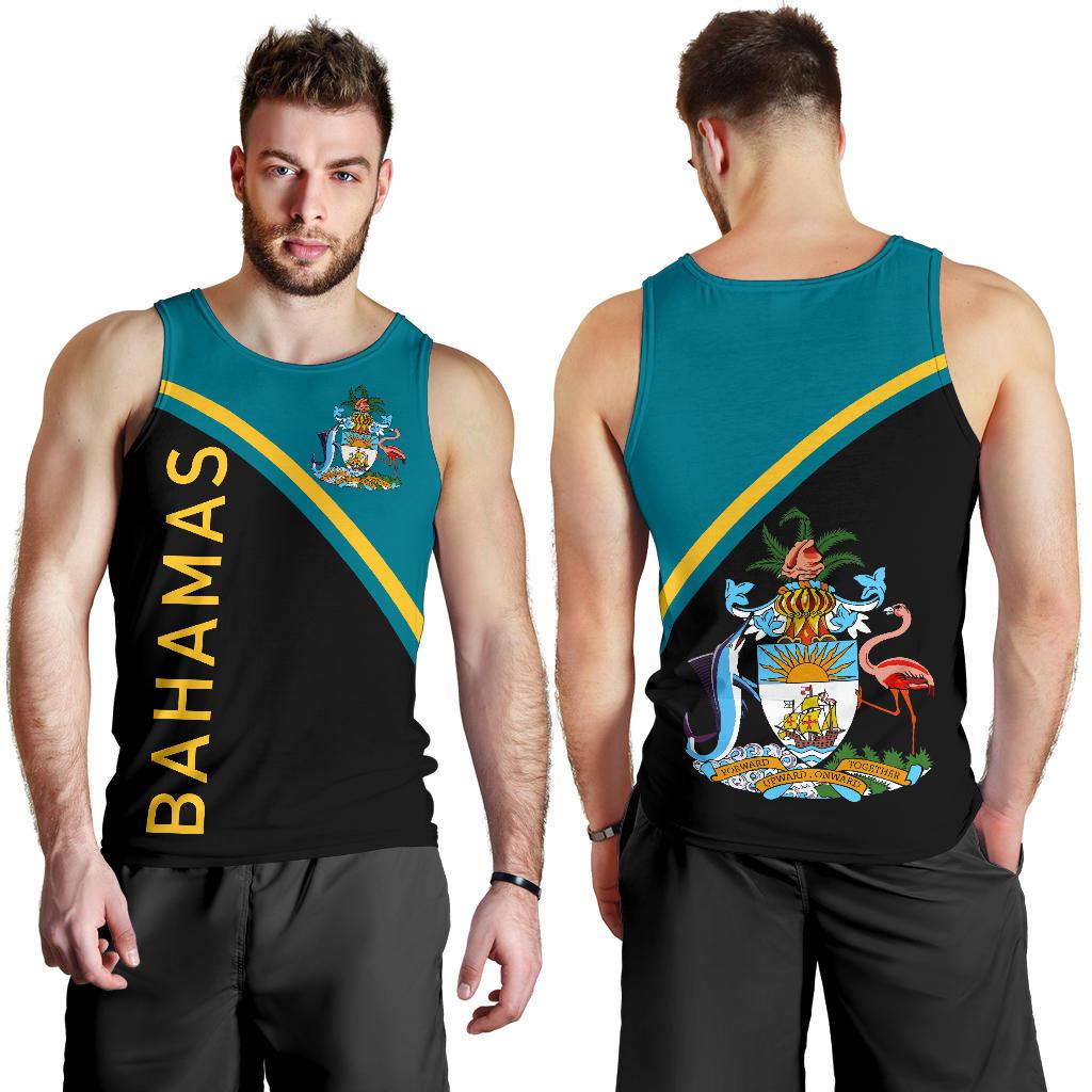 Bahamas men's tank top front & back: teal/black diagonal stripe with crest