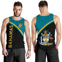 Bahamas men's tank top front & back: teal/black diagonal stripe with crest