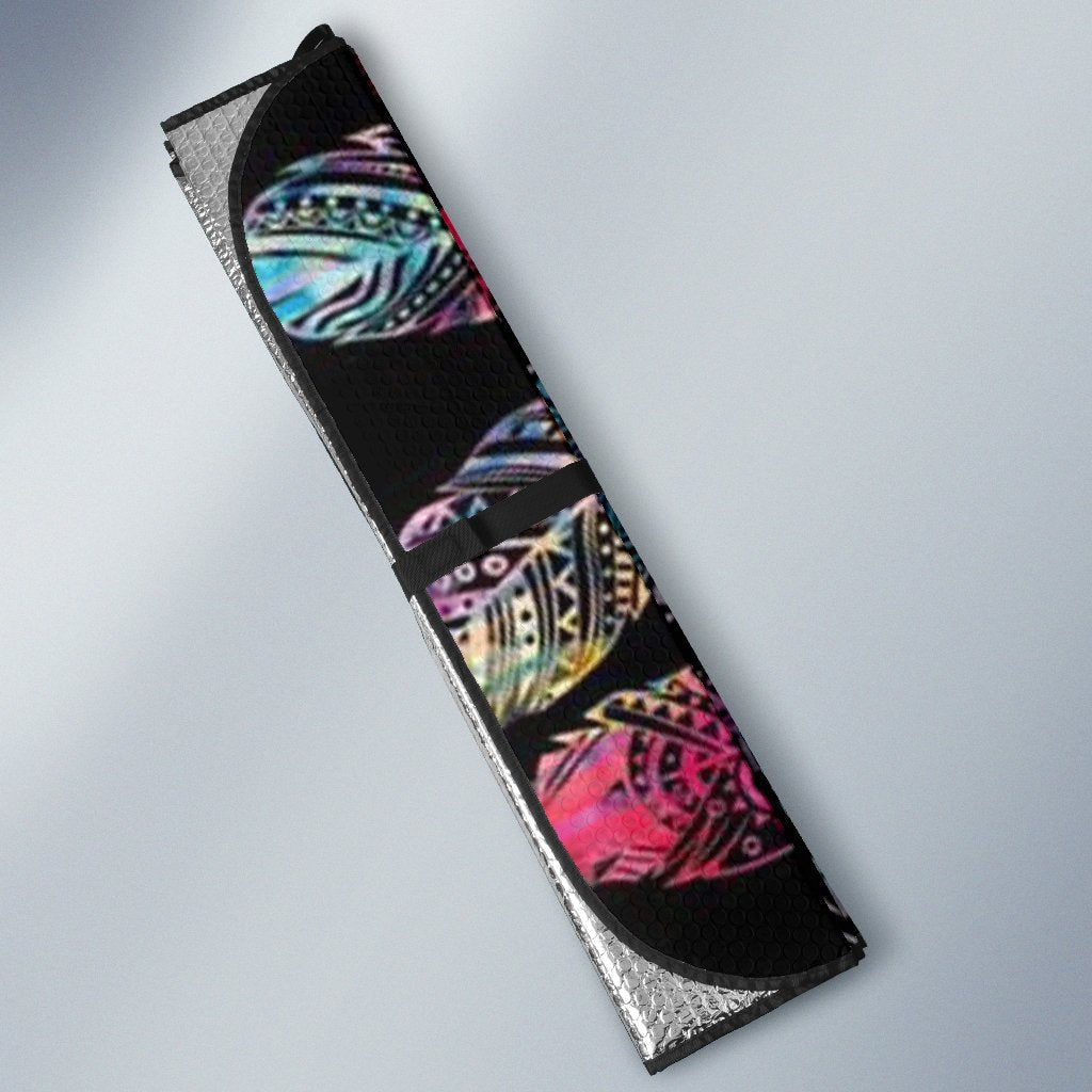 Auto sun shade side view with black fabric, silver trim, and multicolor feather-mandala pattern
