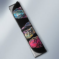 Auto sun shade side view with black fabric, silver trim, and multicolor feather-mandala pattern