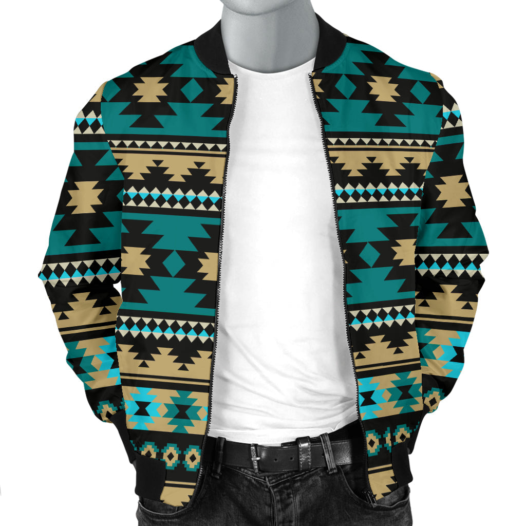 Men's bomber jacket front with teal Aztec geometric pattern, black ribbed collar and zipper