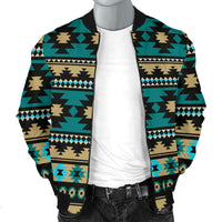 Men's bomber jacket front with teal Aztec geometric pattern, black ribbed collar and zipper